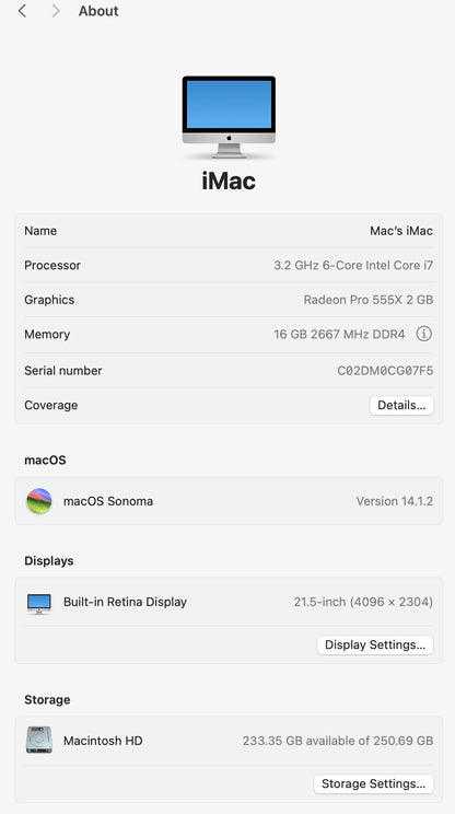 Apple 2019 iMac 21 in 4K 3.2GHz i7 16GB RAM 256GB SSD RP555X 2GB - Very good