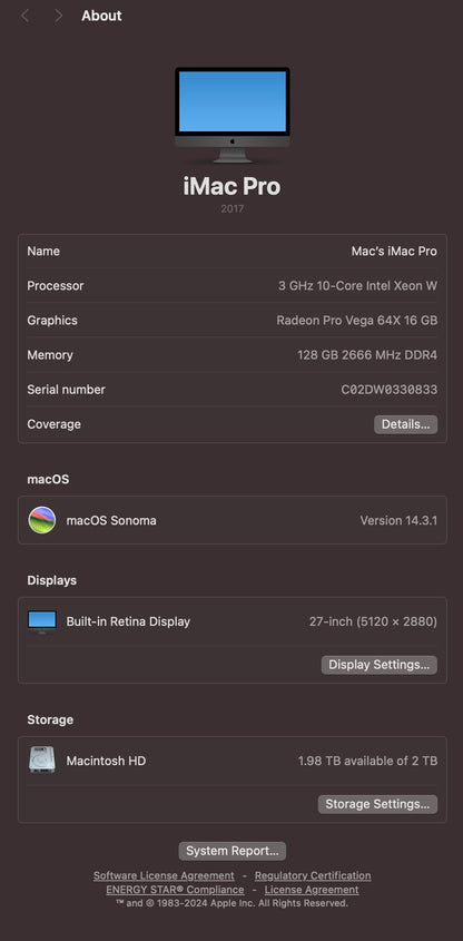Apple 2017 iMac Pro 27" 5K 3.0GHz 10-Core Xeon W 128GB RAM 2TB SSD Vega64X 16GB