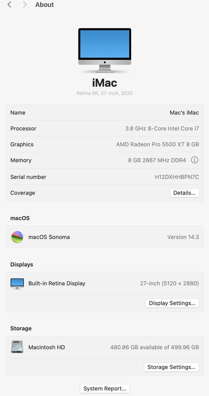 Apple 2020 iMac 27" 5K 3.8GHz 8-Core i7 8GB RAM 512GB SSD RP5500XT 8GB Excellent