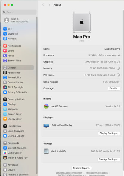 Apple 2019 Mac Pro 3.2GHz 16-Core Xeon W 32GB RAM 1TB SSD 2x RP W5700X 16GB