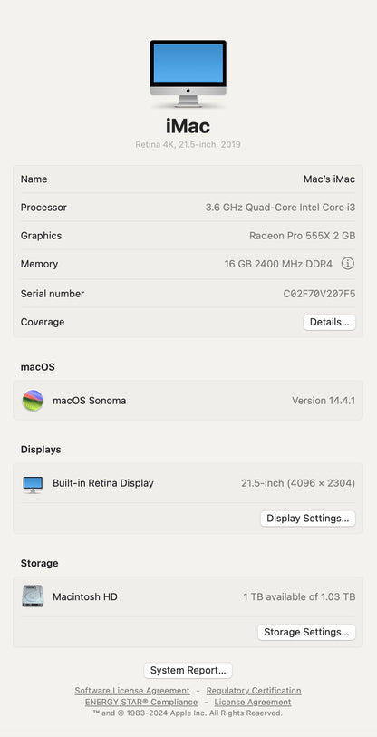 Apple 2019 iMac 21" 4k 3.6GHz i3 16GB RAM 1TB Fusion RP555X 2GB - Excellent