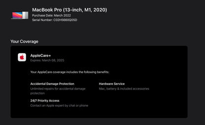 Apple 2020 MacBook pro 13" M1 (8-Core GPU) 8GB RAM 256GB SSD AC+ - Excellent