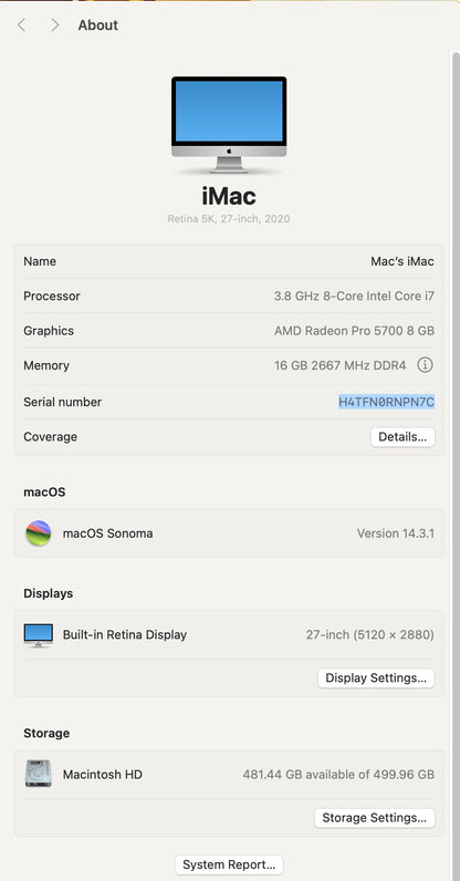 Apple 2020 iMac 27" 5K Retina 3.8GHz i7 16GB RAM 512G SSD RP5700 8GB Excellent