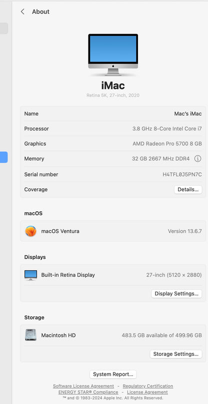 Apple 2020 iMac 27" 5K Retina 3.8GHz i7 32GB RAM 512G SSD RP5700 8GB Very good