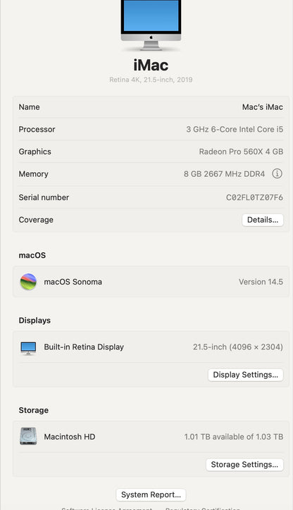 Apple 2019 iMac 21" 4k 3.0GHz i5 8GB RAM 1TB Fusion RP560X 4GB - Very good