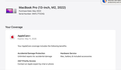 Apple 2022 MacBook Pro 13" M2 (10-Core GPU) 16GB RAM 256GB SSD AC+ - Excellent