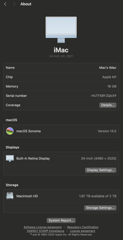 Apple 2021 iMac 24" M1 3.2GHz (8-Core-GPU) 16GB RAM 2TB SSD - Excellent