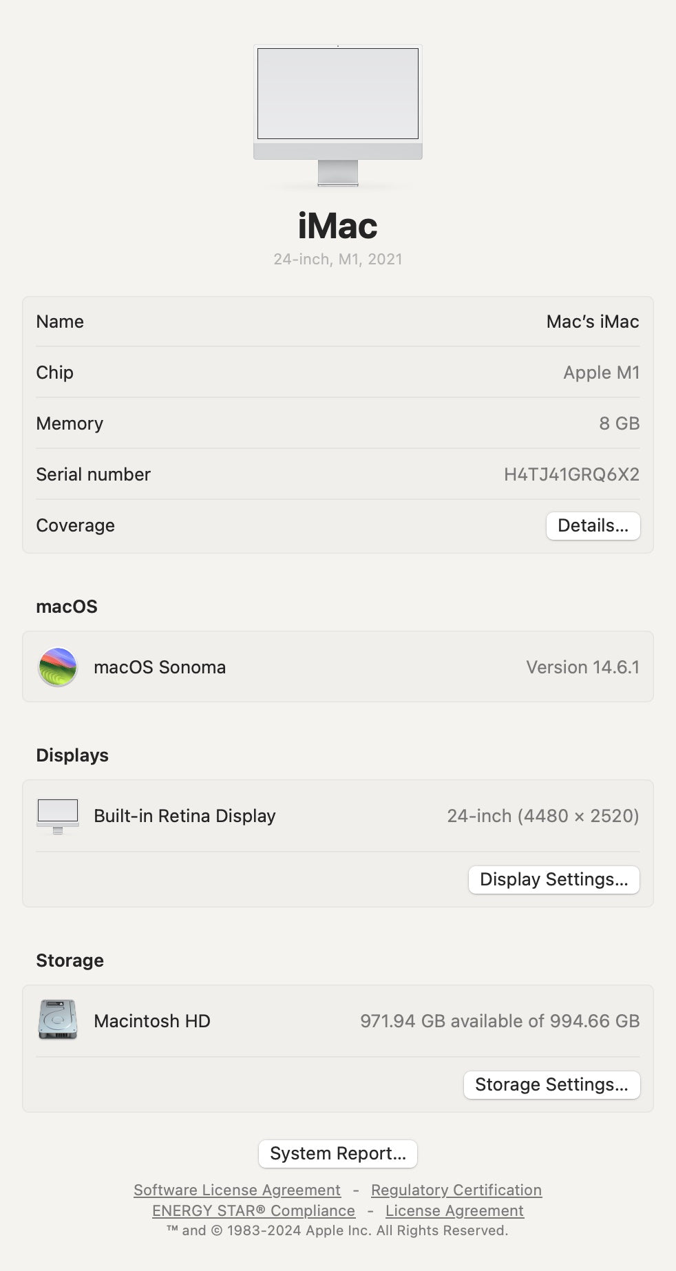 Apple 2021 iMac 24" M1 3.2GHz (8-Core-GPU) 8GB RAM 1TB SSD AC+ - Excellent