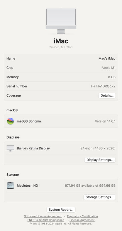 Apple 2021 iMac 24" M1 3.2GHz (8-Core-GPU) 8GB RAM 1TB SSD AC+ - Excellent