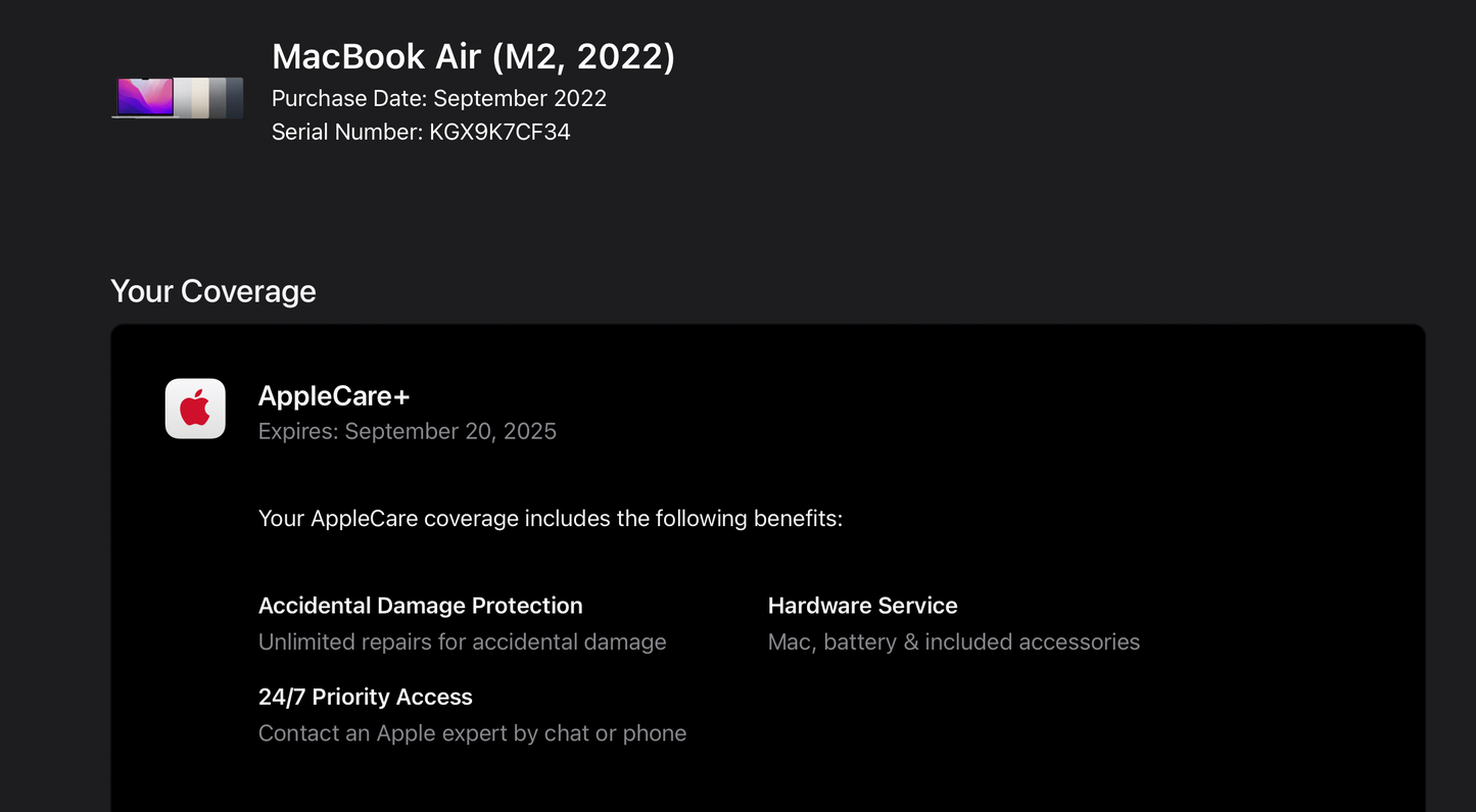 Apple 2022 MacBook Air M2 13.6" (10-Core GPU) 8GB RAM 512GB SSD AC+ - Excellent