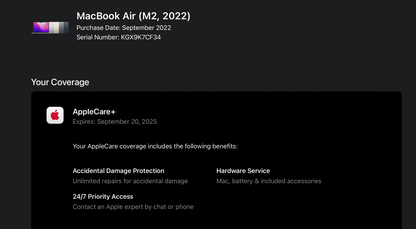 Apple 2022 MacBook Air M2 13.6" (10-Core GPU) 8GB RAM 512GB SSD AC+ - Excellent