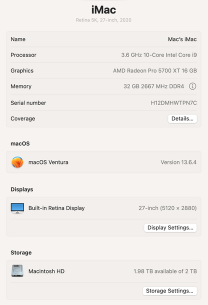 Apple 2020 iMac 27" 5K 3.6GHz i9 32GB RAM 2TB SSD RP5700XT 16GB - Very good