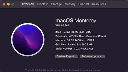 Apple 2017 iMac 27 in 5K Retina 4.2GHz Quad-Core i7 64GB RAM 2TB SSD RP580 8GB